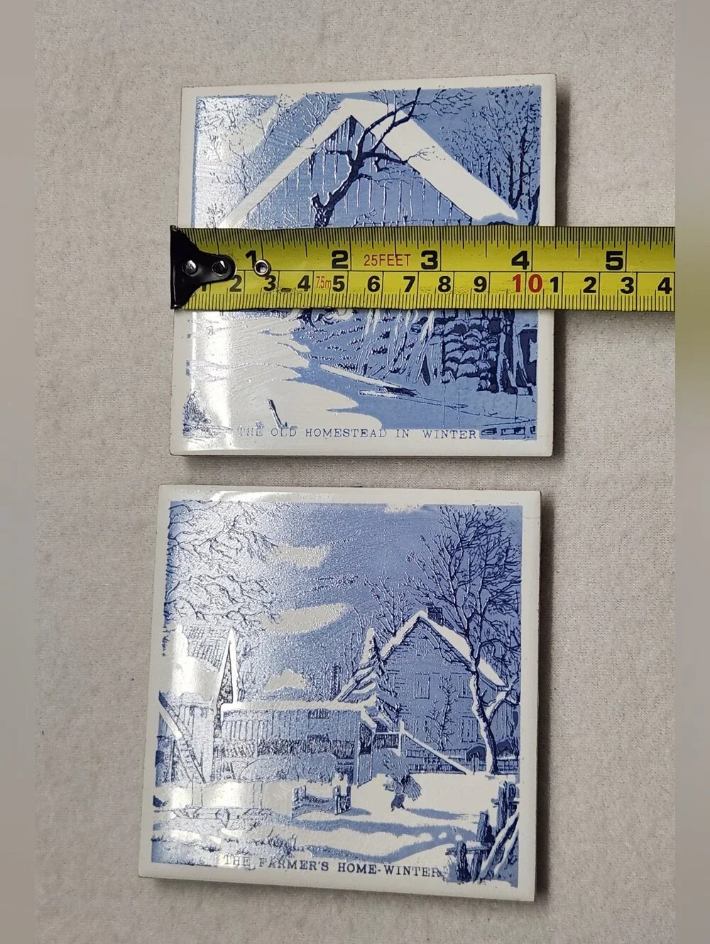 Vintage Currier & Ives Blue White Ceramic Wall Tile Plaque Set Cottagecore Folk